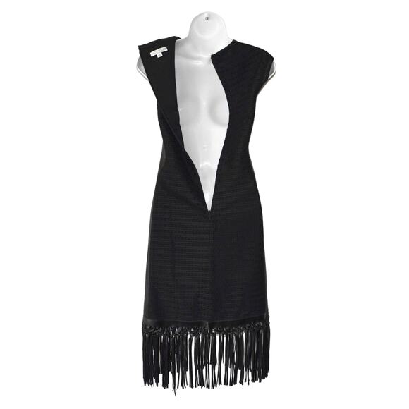 A8 NEW EVA MENDES Ravenna Black Faux Leather Panels & Fringe Dress Size 6 - Picture 5 of 7